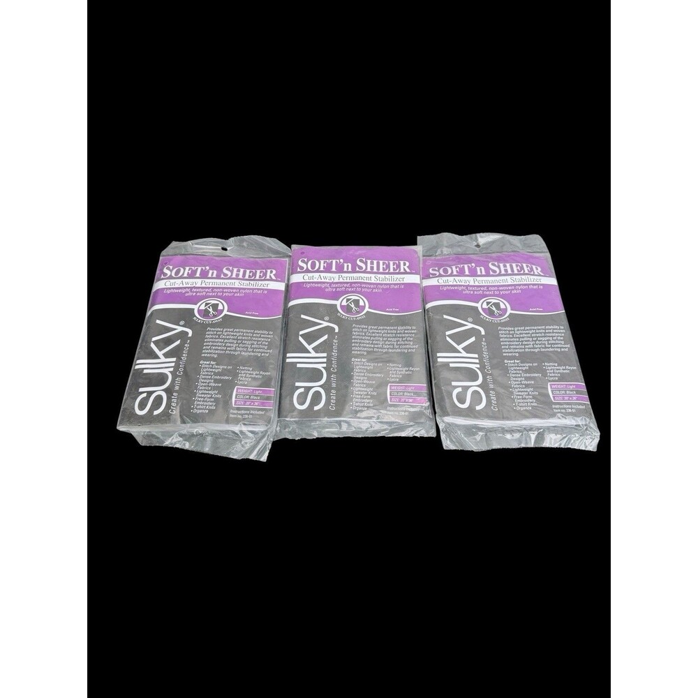 Lot Of 3 Sulky 235-01 Cut Away Soft N Sheer Stabilizer, 20" x 1 yd Black